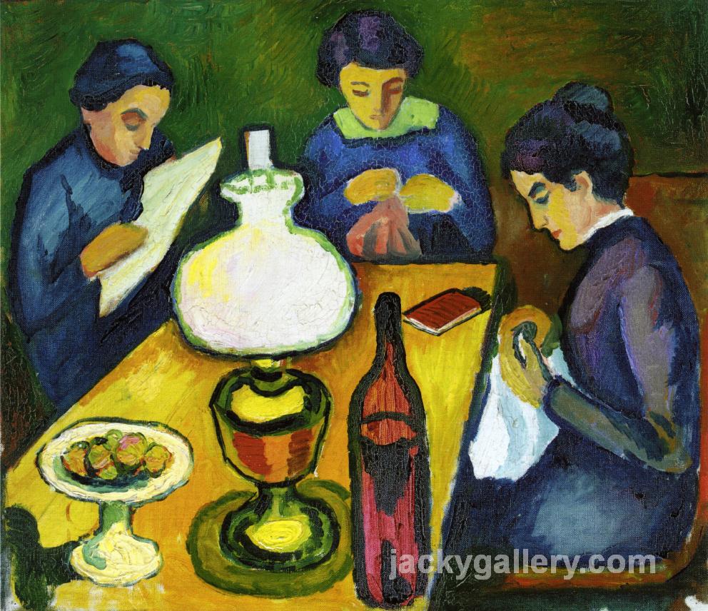 Three Women at the Table by the Lamp, August Macke painting